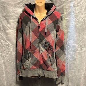 Plaid Zip-Up Hoodie with Embroidery